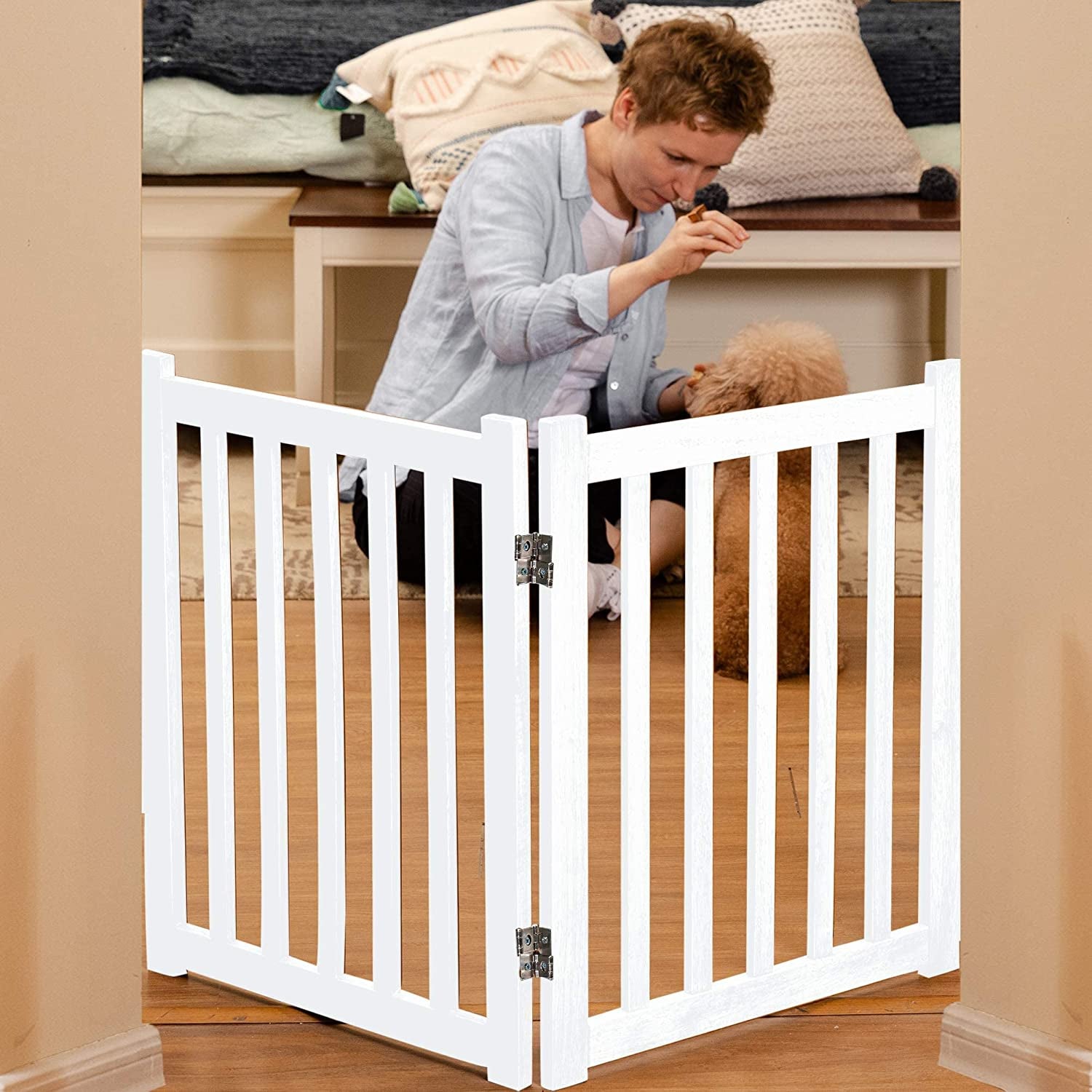 "Keep Your Furry Friends Safe with the Stylish LZRS Freestanding Hardwood Pet Gate! 🐾✨ Perfect for Doorways & Stairs - 24" Height, 2 Panels of Natural Wood! #PetSafety #HomeDecor"