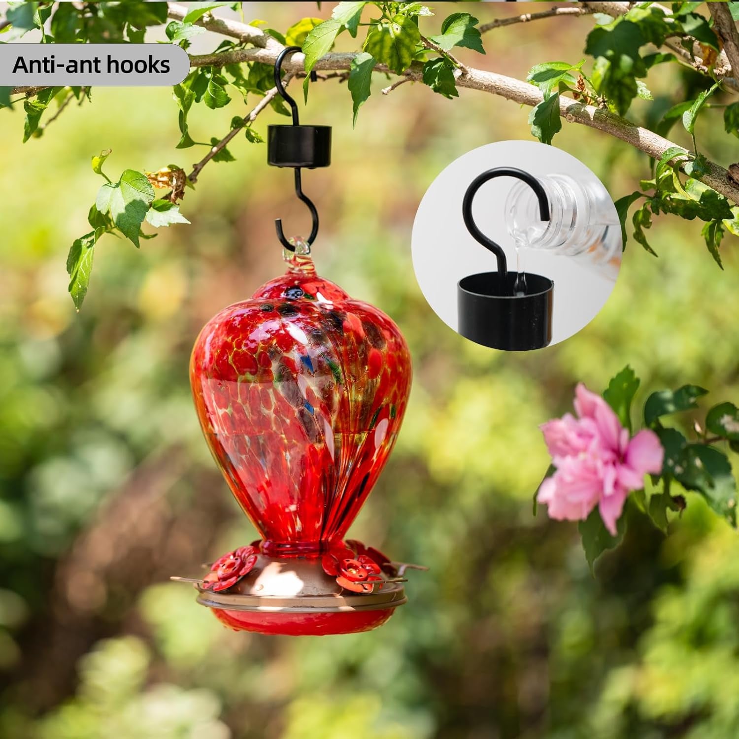 🌺 Brighten Mom's Day with this Stunning 34OZ Hand Blown Glass Hummingbird Feeder! Perfect for Outdoor Decor & Comes with an Ant Moat! 🐦💖 #GiftsForMom #HummingbirdLove #BackyardBliss