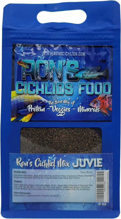 🌟 Feed Your Fish Right! 🐠 RON'S CICHLIDS Premium Tropical Fish Food Pellets - Packed with Protein, Veggies & Fruits for Healthier, Brighter & Bigger Cichlids! 🌈💧 8 OZ Juvie Blend! #AquariumLife #FishFood #Cichlids