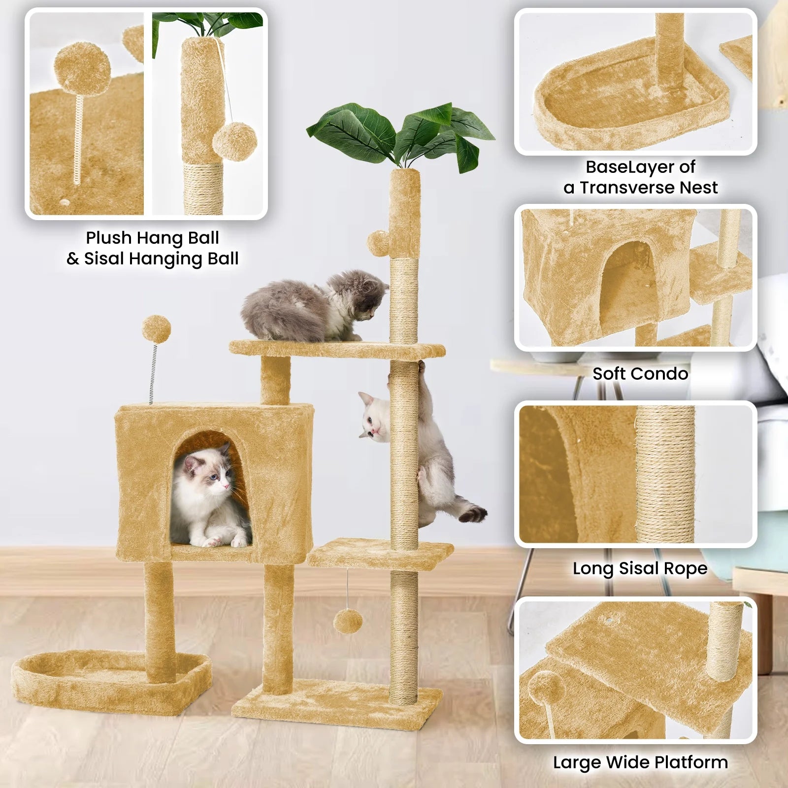 Cat Tree,52" Cat Tower for Indoor Cats, Cat Tree with Scratching Posts Plush Perch Stand, Cat Condo with Funny Toys Kittens Pet Play House,Beige