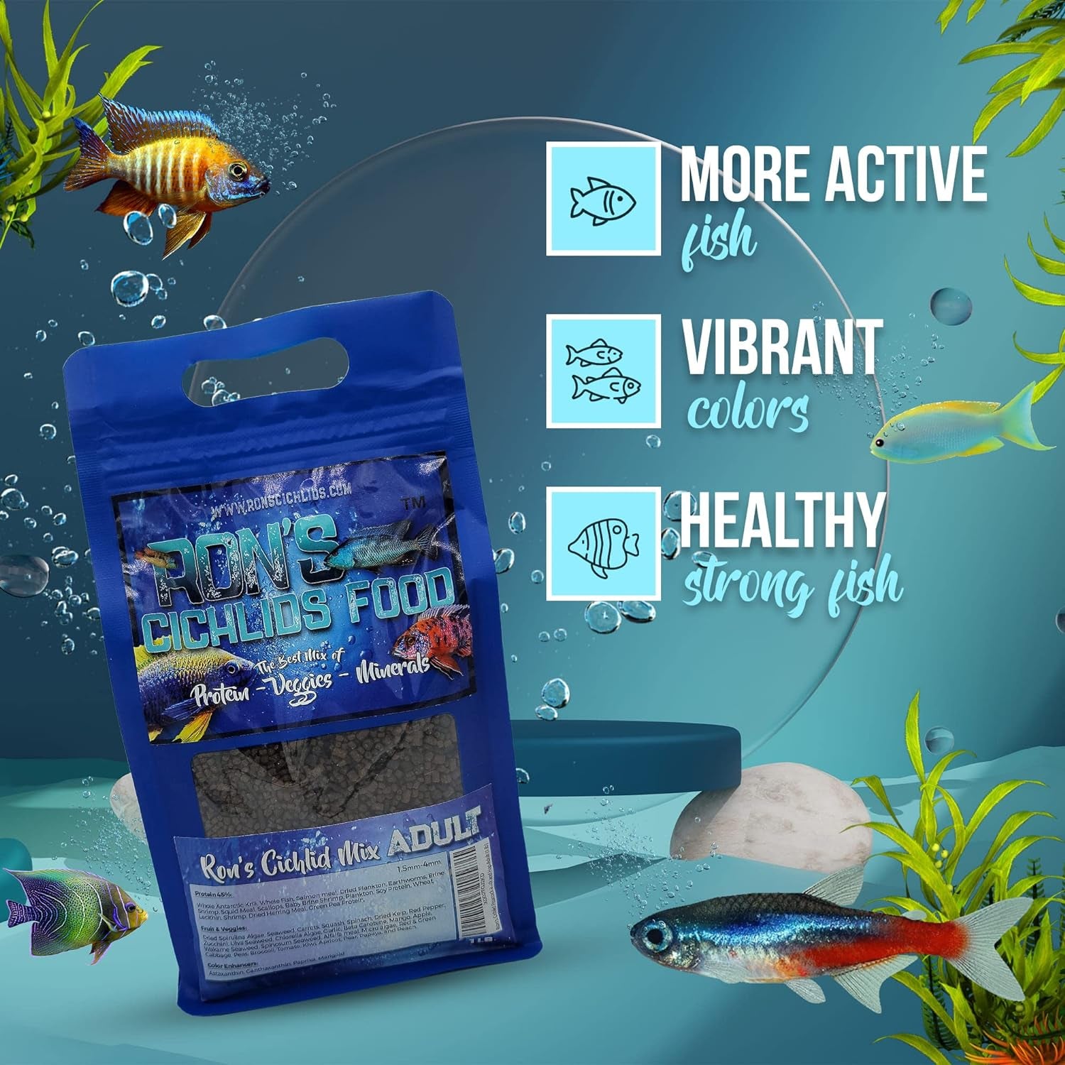 🌟 Feed Your Fish Right! 🐠 RON'S CICHLIDS Premium Tropical Fish Food Pellets - Packed with Protein, Veggies & Fruits for Healthier, Brighter & Bigger Cichlids! 🌈💧 8 OZ Juvie Blend! #AquariumLife #FishFood #Cichlids