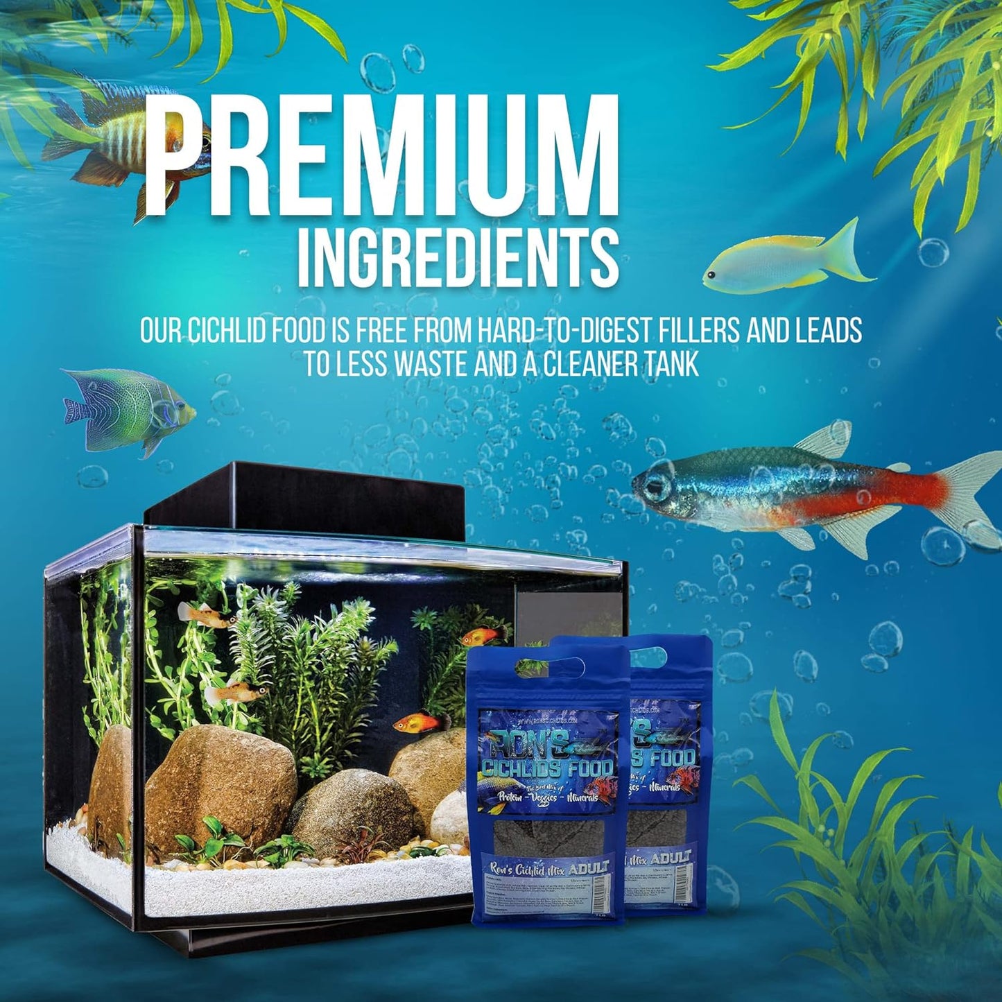 🌟 Feed Your Fish Right! 🐠 RON'S CICHLIDS Premium Tropical Fish Food Pellets - Packed with Protein, Veggies & Fruits for Healthier, Brighter & Bigger Cichlids! 🌈💧 8 OZ Juvie Blend! #AquariumLife #FishFood #Cichlids