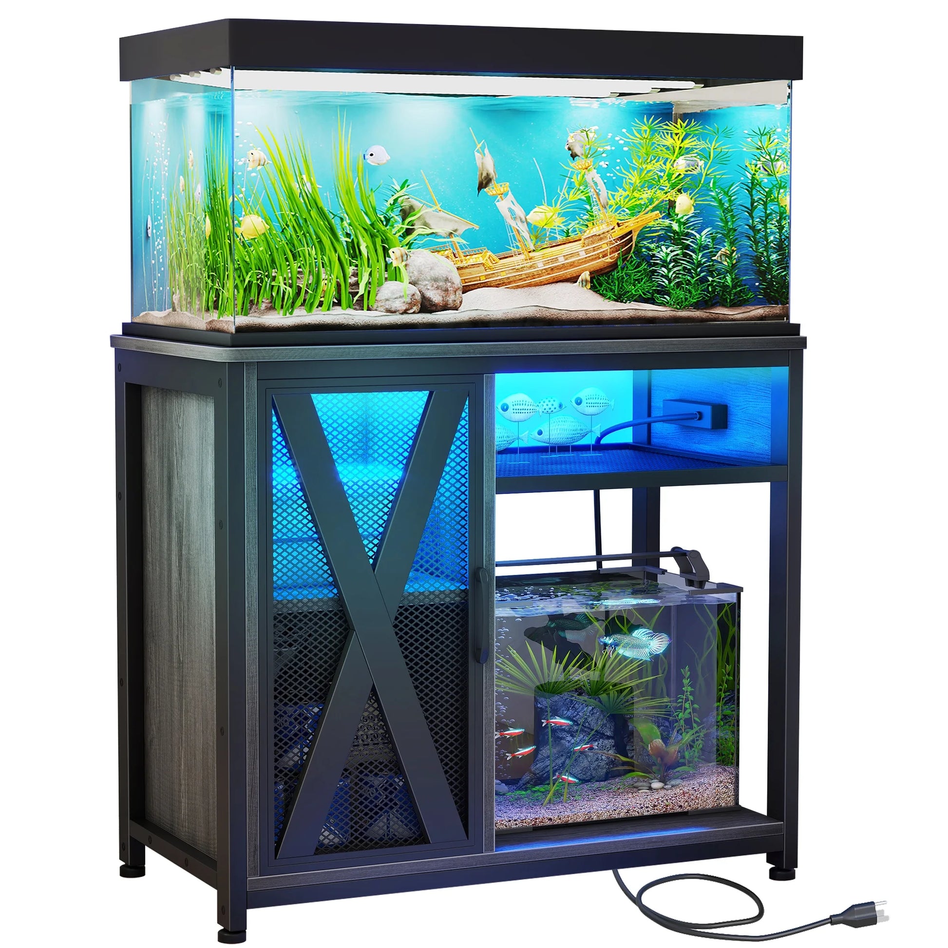 🌟 Transform Your Aquarium Setup! 🌊 Dextrus Metal Fish Tank Stand with Power Outlets & LED Light - Perfect for 40-50 Gallon Tanks! 💡🛠️ Supports up to 880LBS! Stylish Gray & Black Design! 🐠✨ #AquariumLife #DextrusStand