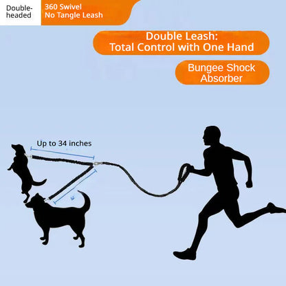 Dual Dog Leash with Bungee Stretch Line, Double Dog Leash, 360 Swivel No Tangle Walking Leash, Shock Absorbing Bungee for Two Dogs, Black, Large (25-150 Lbs)