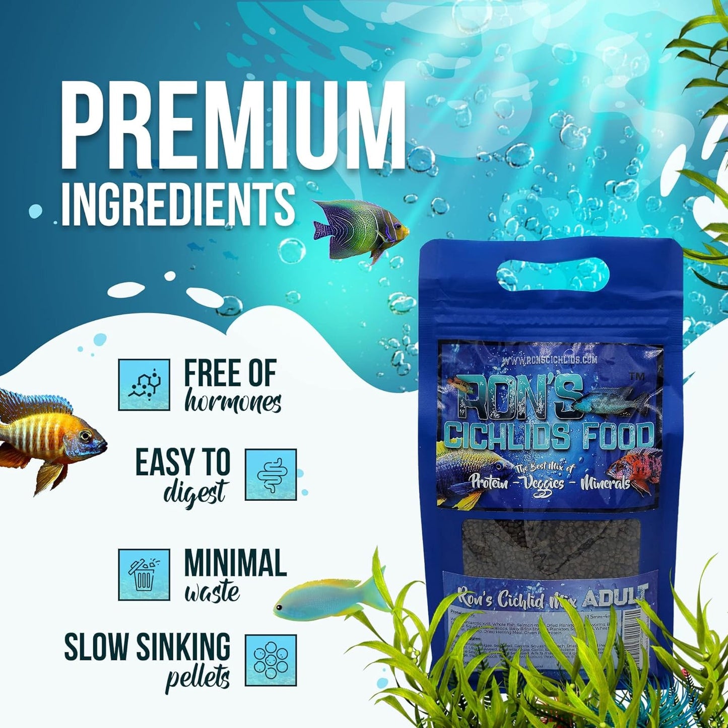 🌟 Feed Your Fish Right! 🐠 RON'S CICHLIDS Premium Tropical Fish Food Pellets - Packed with Protein, Veggies & Fruits for Healthier, Brighter & Bigger Cichlids! 🌈💧 8 OZ Juvie Blend! #AquariumLife #FishFood #Cichlids