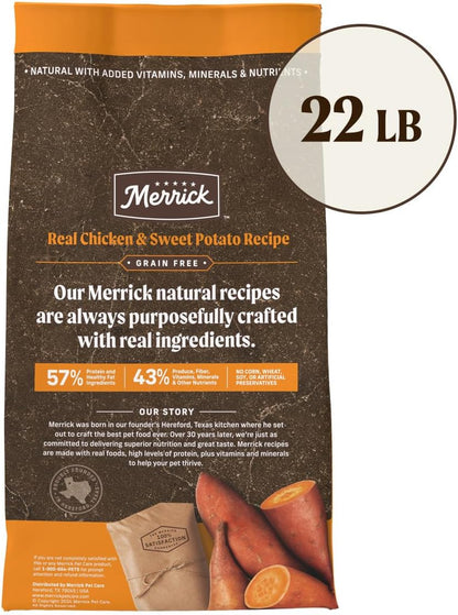 🐾 Give your pup the best with Merrick Premium Grain Free Dog Food! 🐶🥗 Made with real chicken & sweet potato, this wholesome kibble is perfect for your furry friend. 🥳✨ 22 lbs of tail-wagging goodness! #DogFood #GrainFree #HappyPets