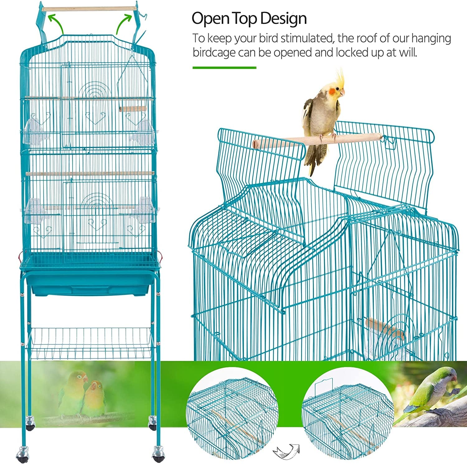 "🏡✨ Elevate Your Feathered Friends' Home! Check out this 64'' Open Top Metal Bird Cage with Rolling Stand - Perfect for Lovebirds, Finches, and Cockatiels! 🦜❤️ #BirdCage #PetLovers"