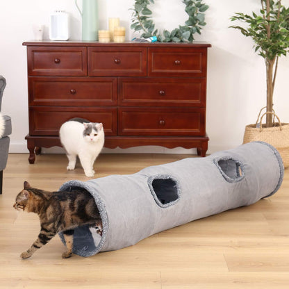 "🎉 Unleash the Fun! 🐾 Check out our Collapsible Cat Tunnel - the ultimate playtime hideaway for your furry friend! 🐱✨ Durable suede, crinkle sounds, and a fun ball included! 🐾💖 #CatLovers #PetPlaytime"