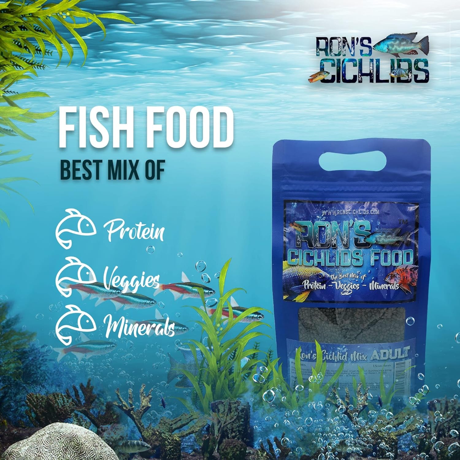 🌟 Feed Your Fish Right! 🐠 RON'S CICHLIDS Premium Tropical Fish Food Pellets - Packed with Protein, Veggies & Fruits for Healthier, Brighter & Bigger Cichlids! 🌈💧 8 OZ Juvie Blend! #AquariumLife #FishFood #Cichlids