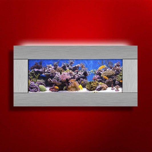 "Transform Your Space with the Stunning Aussie Aquariums 2.0 Wall Mounted Skyline Aquarium in Sleek Silver Stainless Steel!"