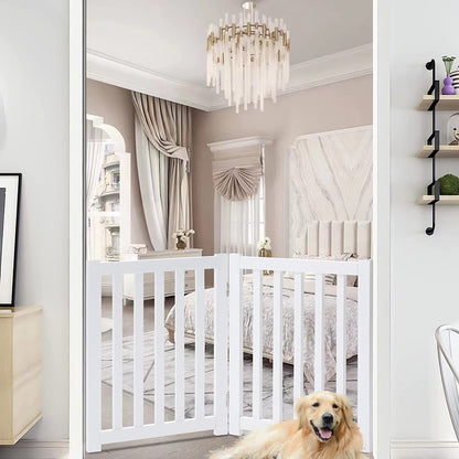 "Keep Your Furry Friends Safe with the Stylish LZRS Freestanding Hardwood Pet Gate! 🐾✨ Perfect for Doorways & Stairs - 24" Height, 2 Panels of Natural Wood! #PetSafety #HomeDecor"